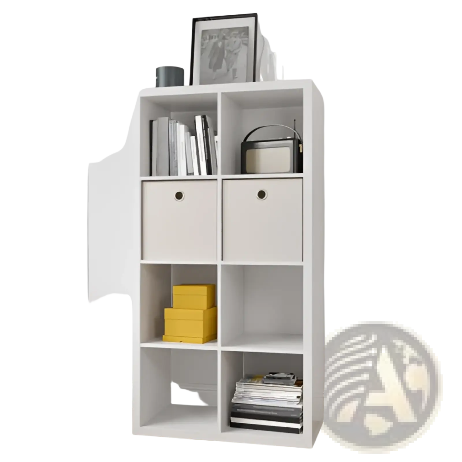 White modular 8 cube bookshelf organizer with open cubbies and two fabric lined drawers for home and office use