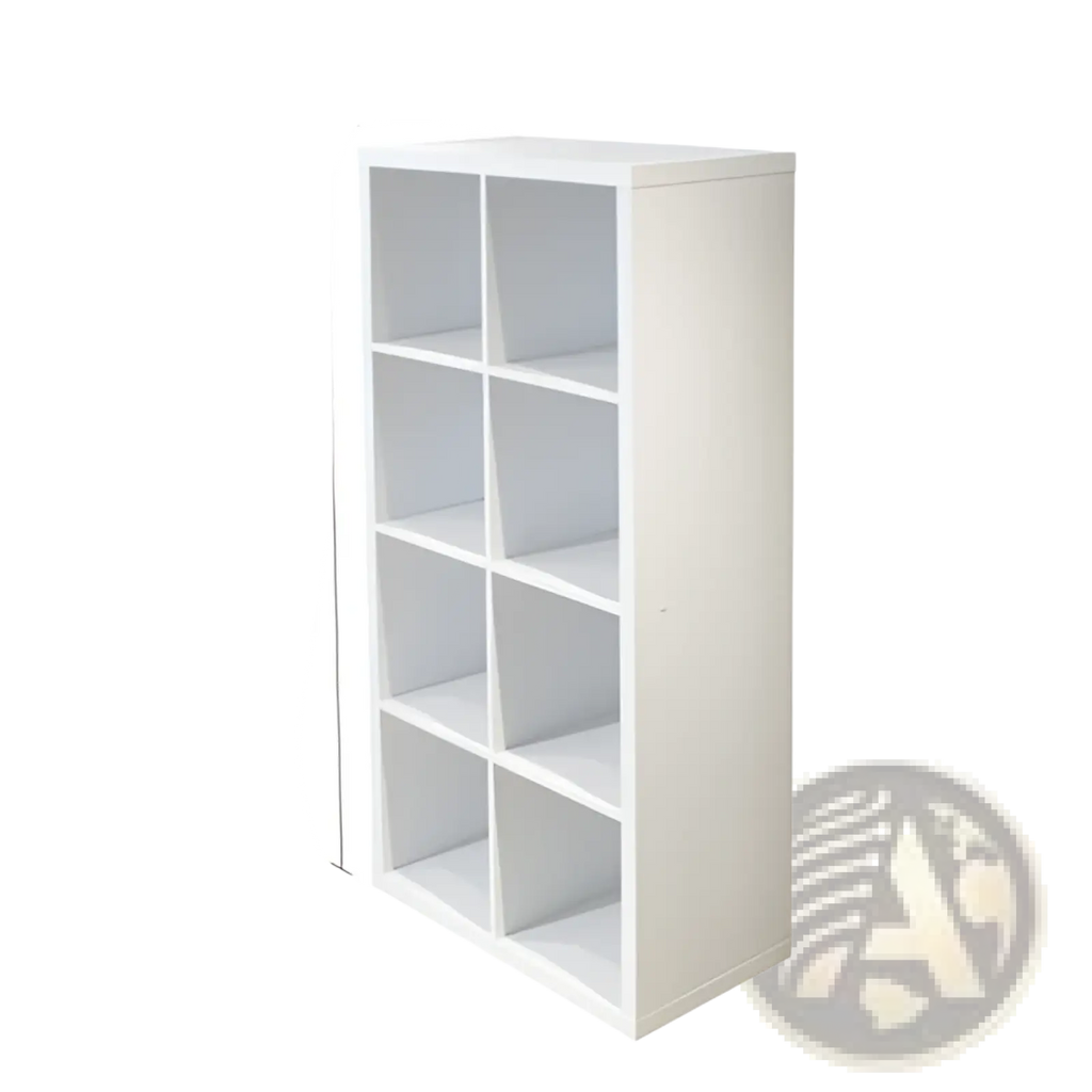 White cube bookshelf organizer with nine open compartments in a sturdy material for home and office use