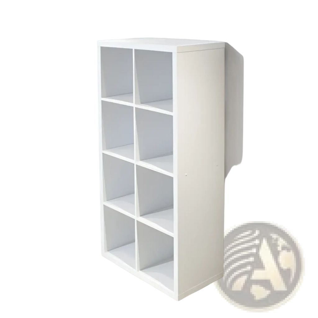 White cube shelving unit with nine open compartments in a white bookshelf organizer for home and office use