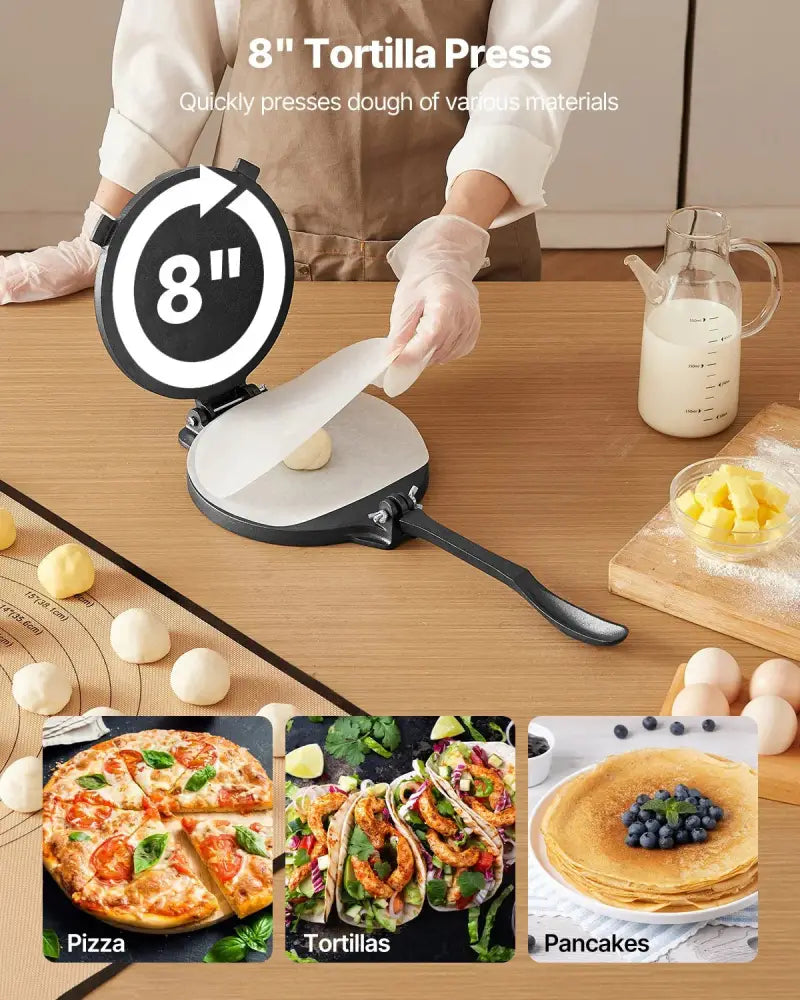 Black 8 inch pre seasoned cast iron tortilla press with circular dial and handle for pressing dough into flatbreads