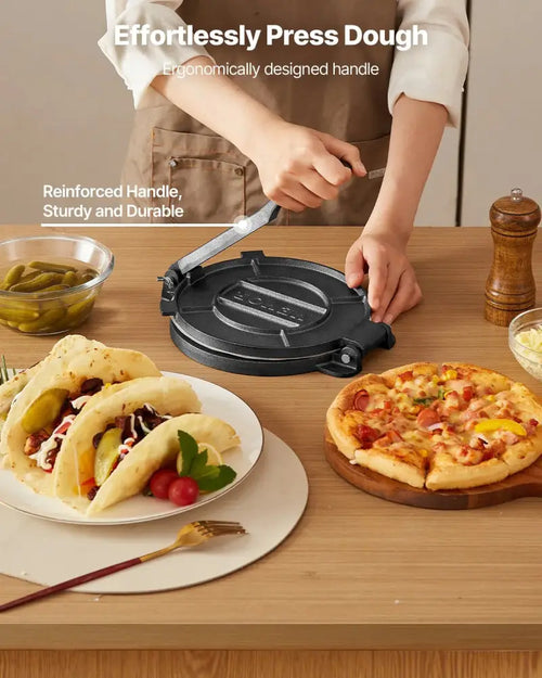 Black 8 inch pre seasoned cast iron tortilla press with ergonomic handle and reinforced construction for roti making