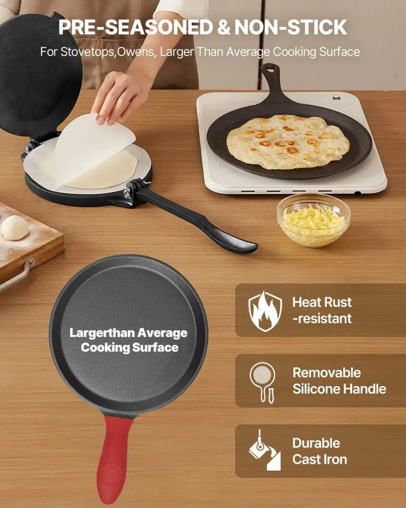Black 8 inch pre seasoned cast iron tortilla press and roti maker with non stick surface and removable silicone handle