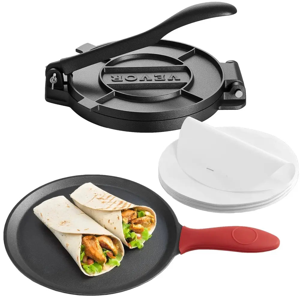 Black 8 inch pre seasoned cast iron tortilla press with red handled skillet and white paper rounds for roti making