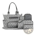 Gray arrow-patterned multifunctional diaper bag set with matching accessories and changing mat for baby care