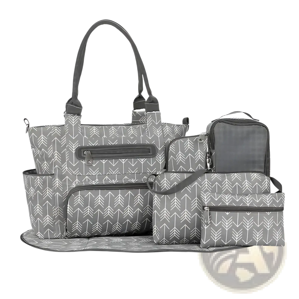 Gray and white arrow print multifunctional diaper bag set with multiple compartments and matching changing mat