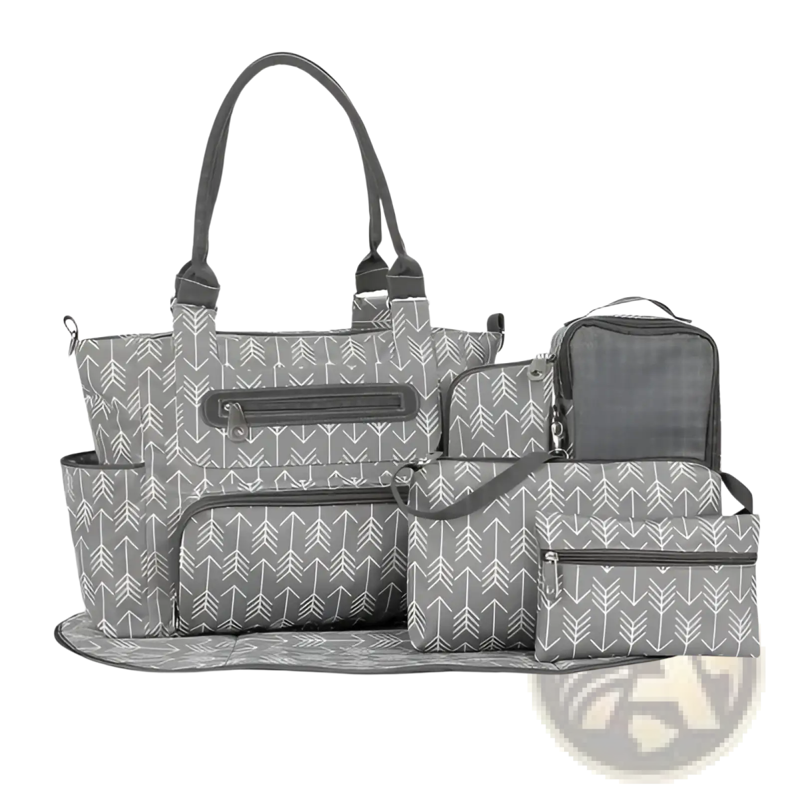 Gray and white arrow print multifunctional diaper bag set with multiple compartments and matching changing mat