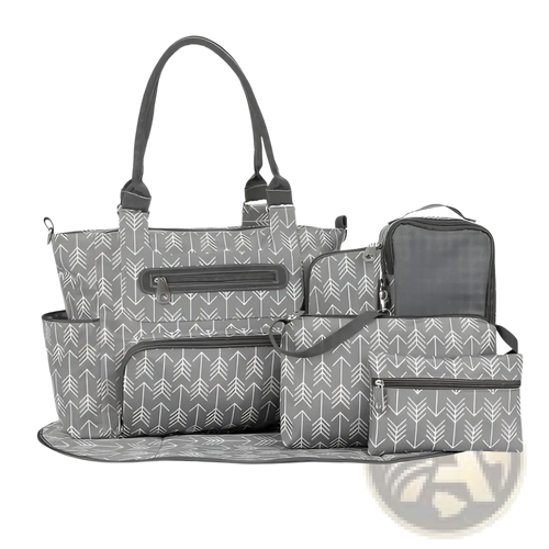 Gray and white arrow print multifunctional diaper bag set with multiple compartments and matching changing mat
