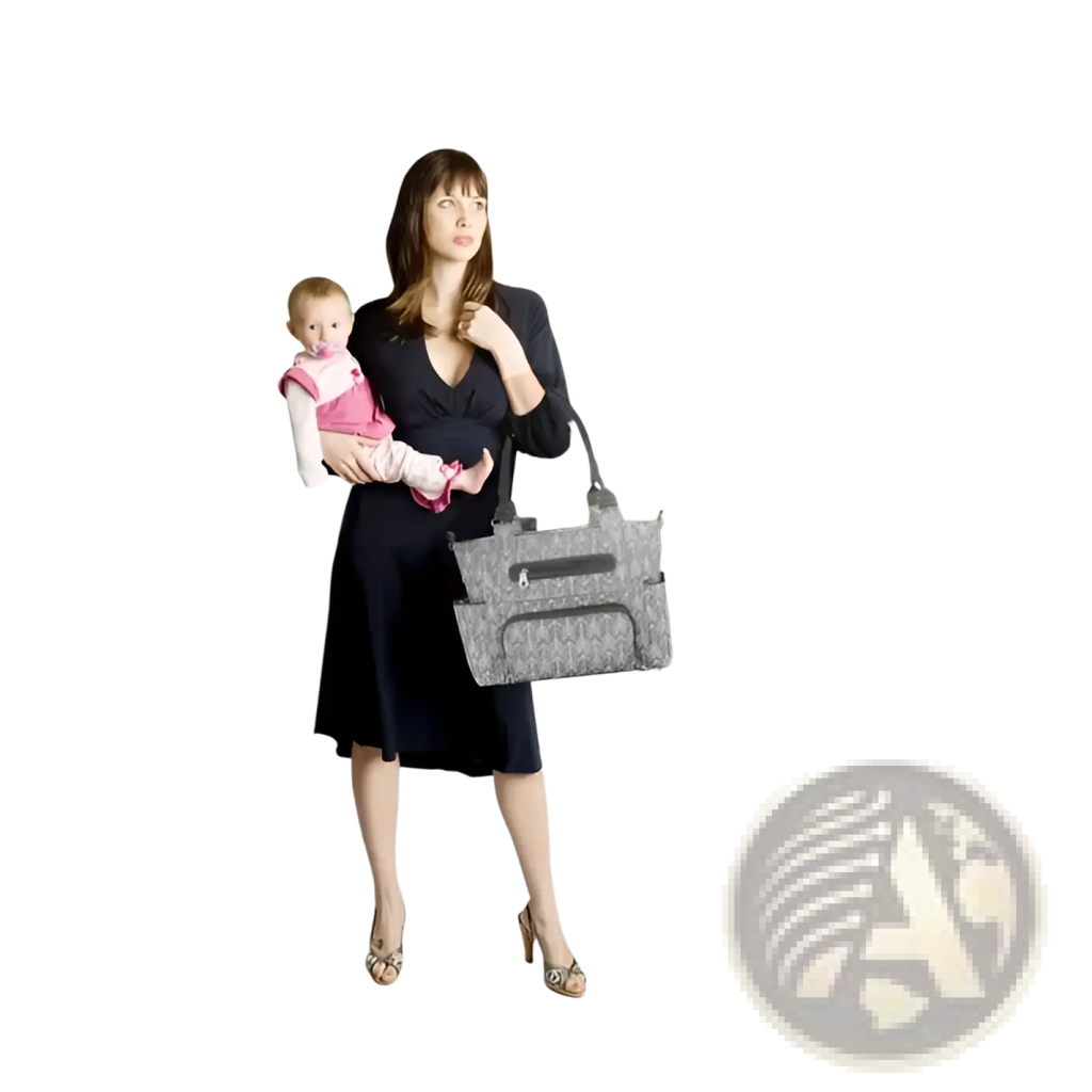 Gray patterned multifunctional arrow print diaper bag with multiple compartments and top handle for organized baby care