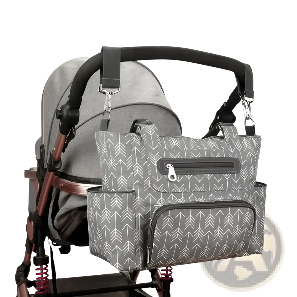 Gray arrow-patterned multifuctional stroller bag with black zippers and straps from an 8 piece diaper bag set