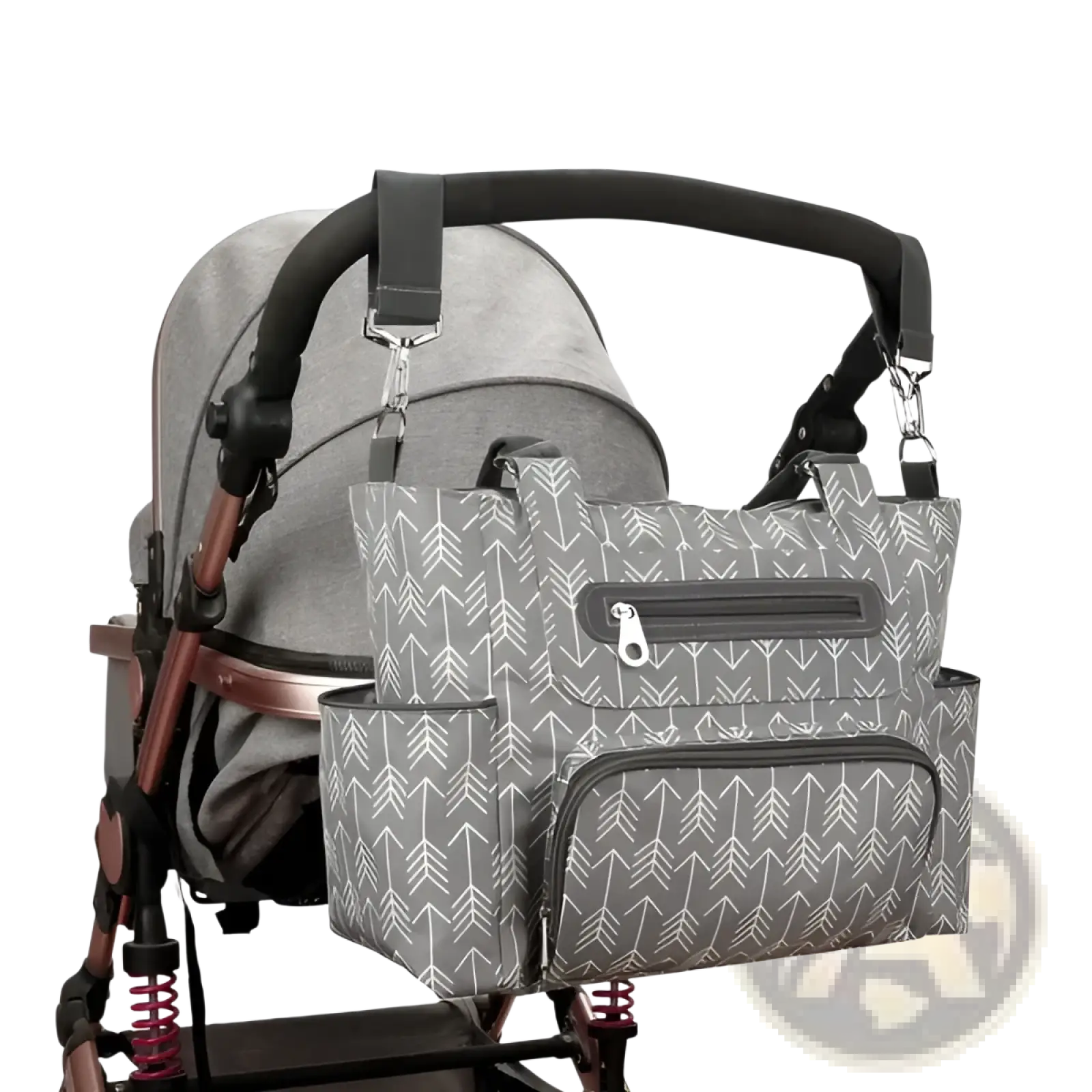 Gray arrow-patterned multifuctional stroller bag with black zippers and straps from an 8 piece diaper bag set