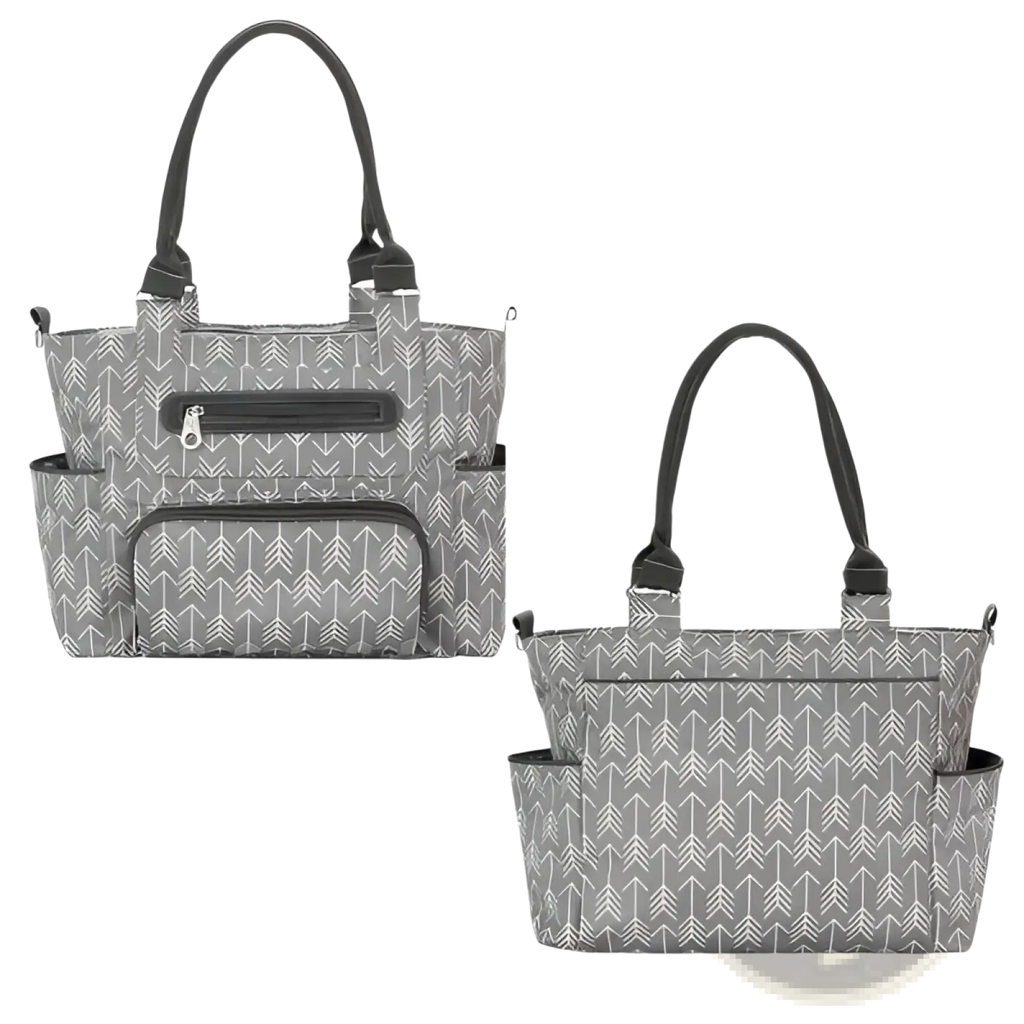 Gray arrow-patterned multifunctional diaper bag with black handles and zippers in an 8 piece set