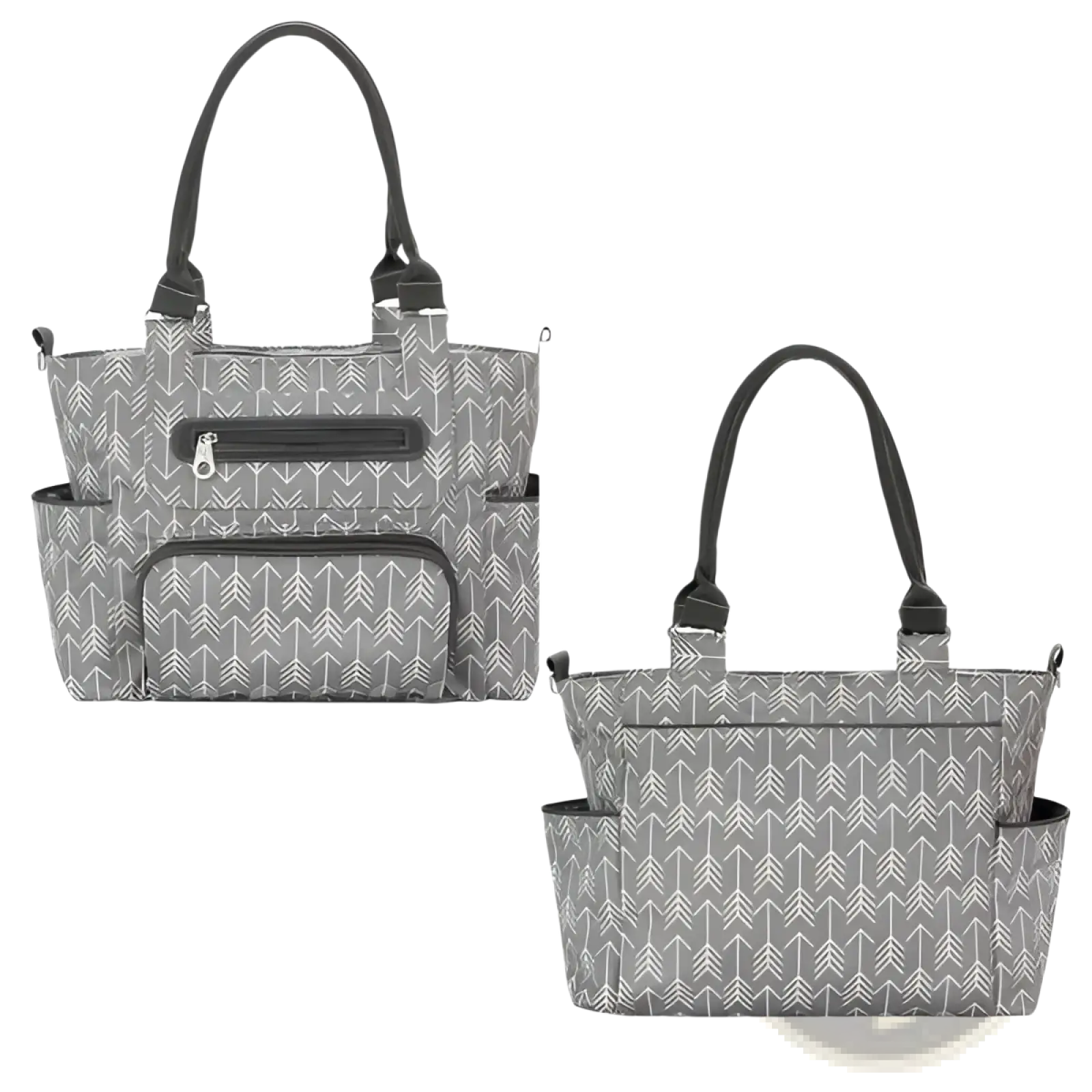 Gray arrow-patterned multifunctional diaper bag with black handles and zippers in an 8 piece set