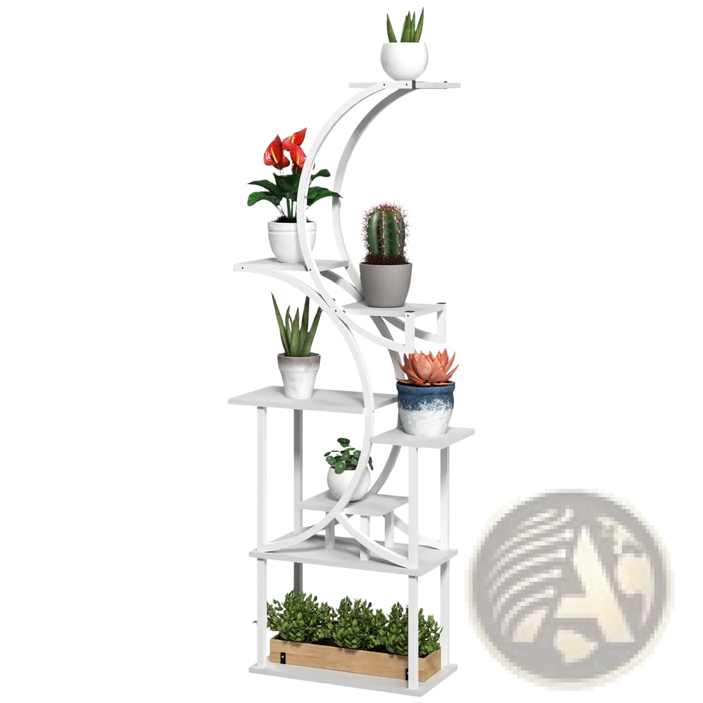 White metal 8 tier indoor plant stand with curved s shaped design and multiple shelves holding potted plants