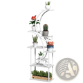 White metal 8 tier indoor plant stand with curved s shaped design and multiple shelves holding potted plants