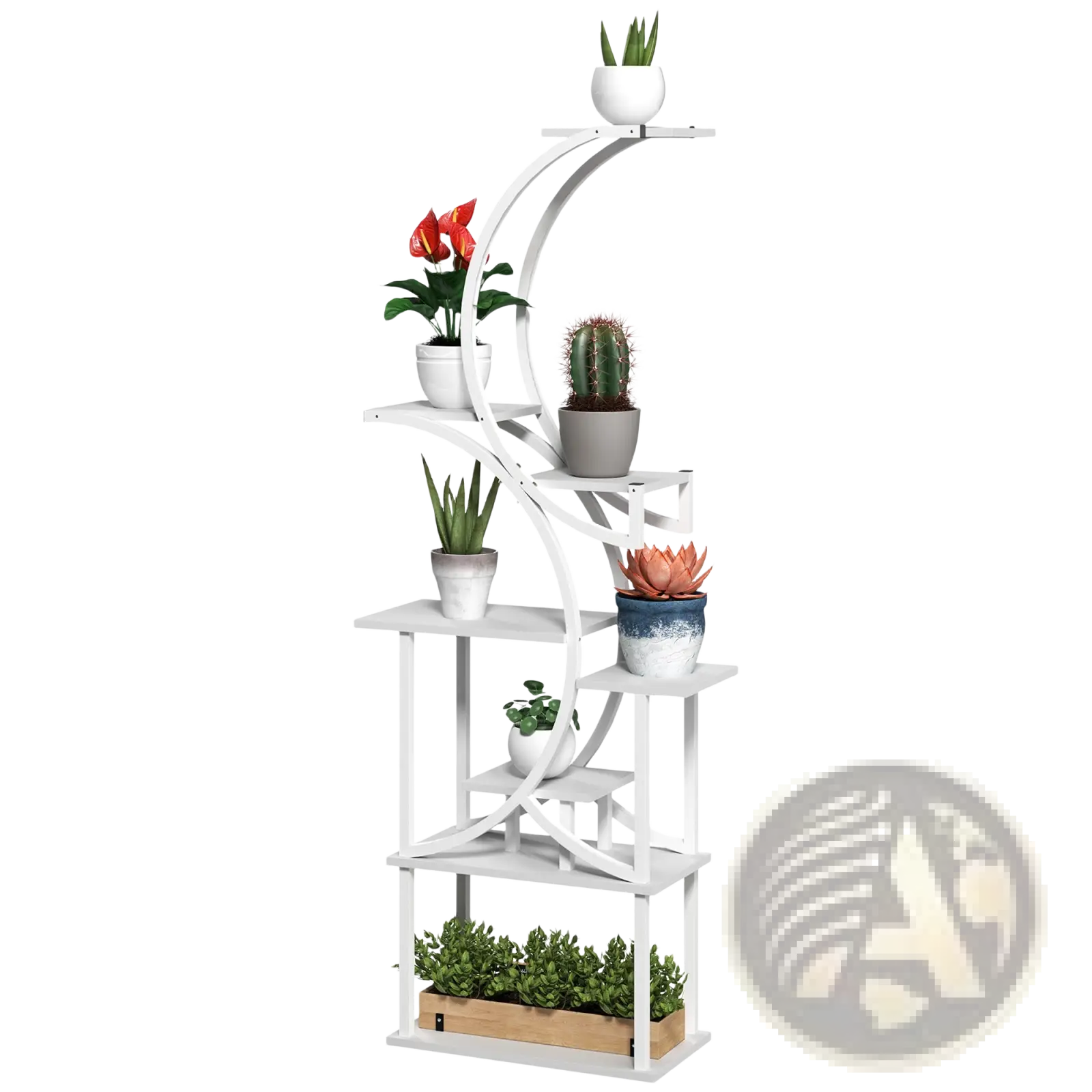 White metal 8 tier indoor plant stand with curved s shaped design and multiple shelves holding potted plants