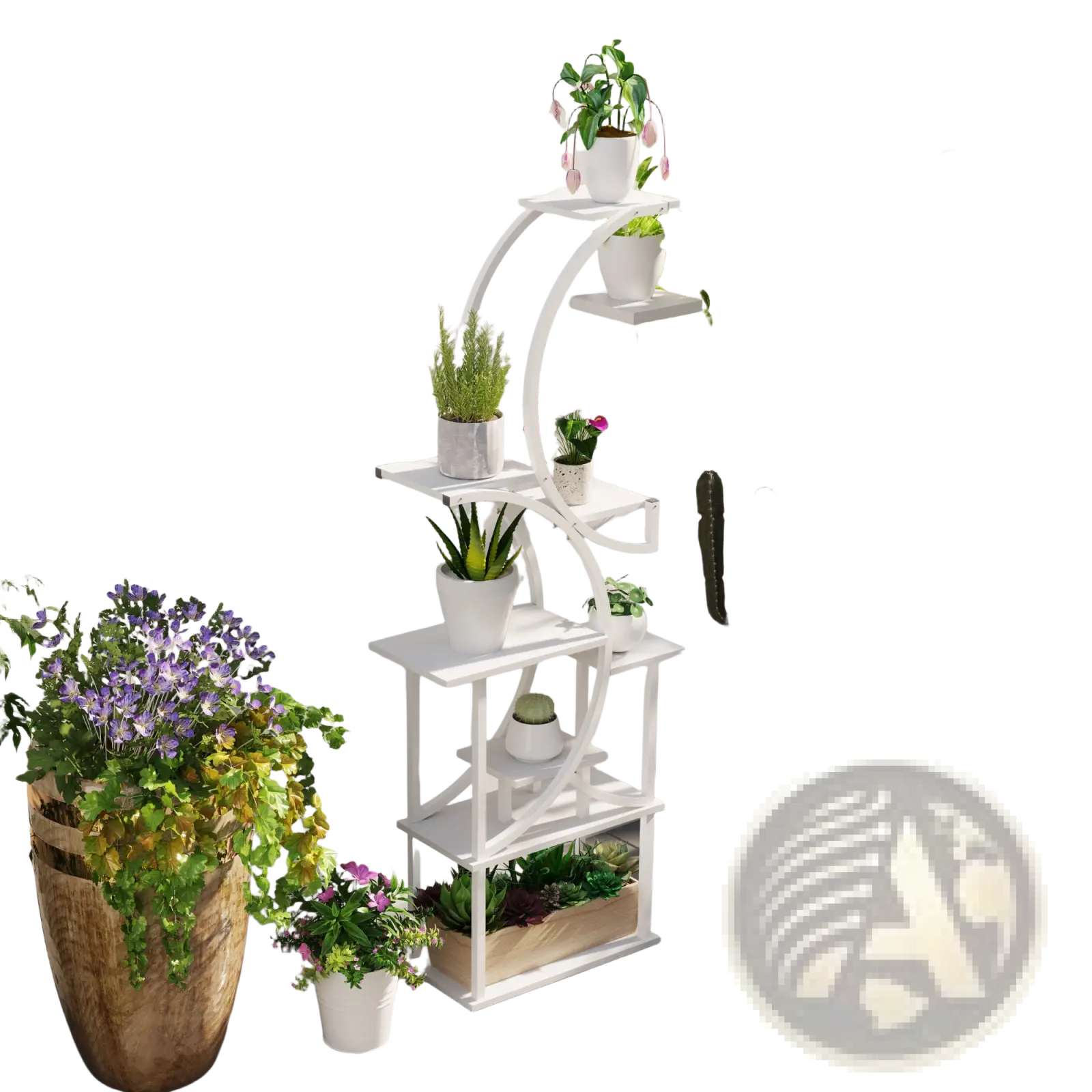 White metal 8 tier indoor plant stand with curved s shaped corner shelves holding various potted plants