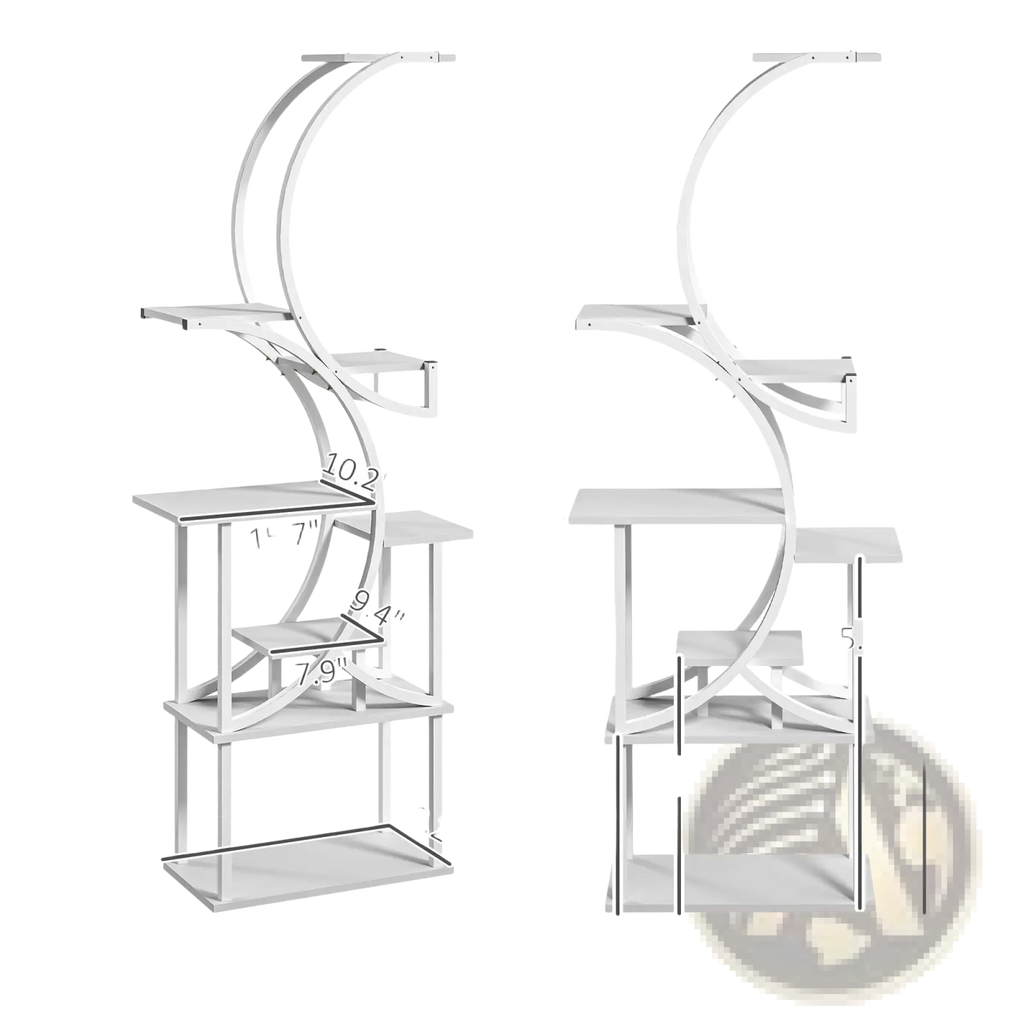 White metal 8 tier indoor plant stand with s shaped curved arches and multiple shelves for corner display
