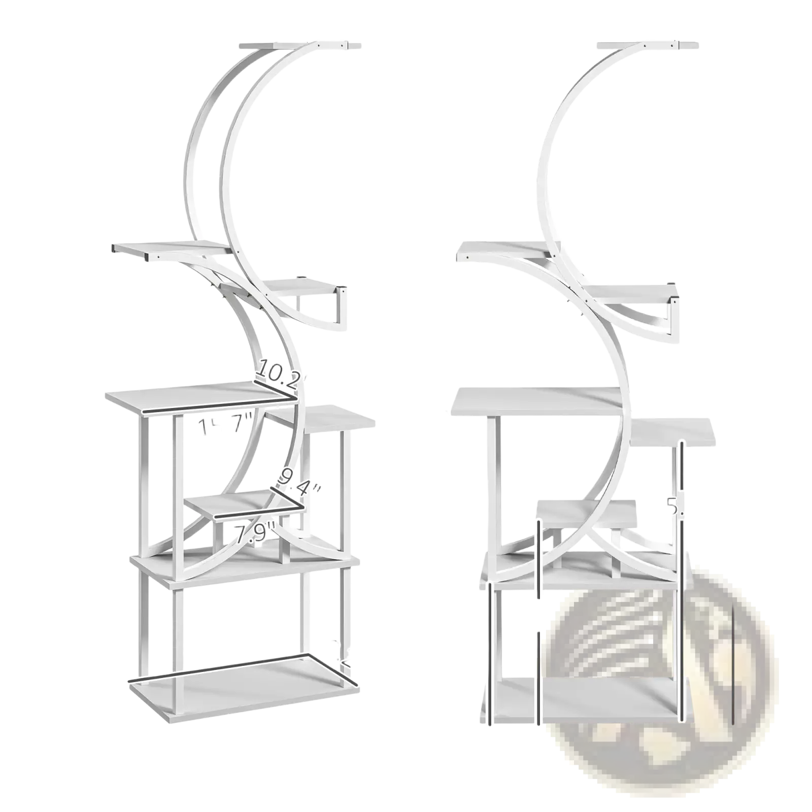 White metal 8 tier indoor plant stand with s shaped curved arches and multiple shelves for corner display