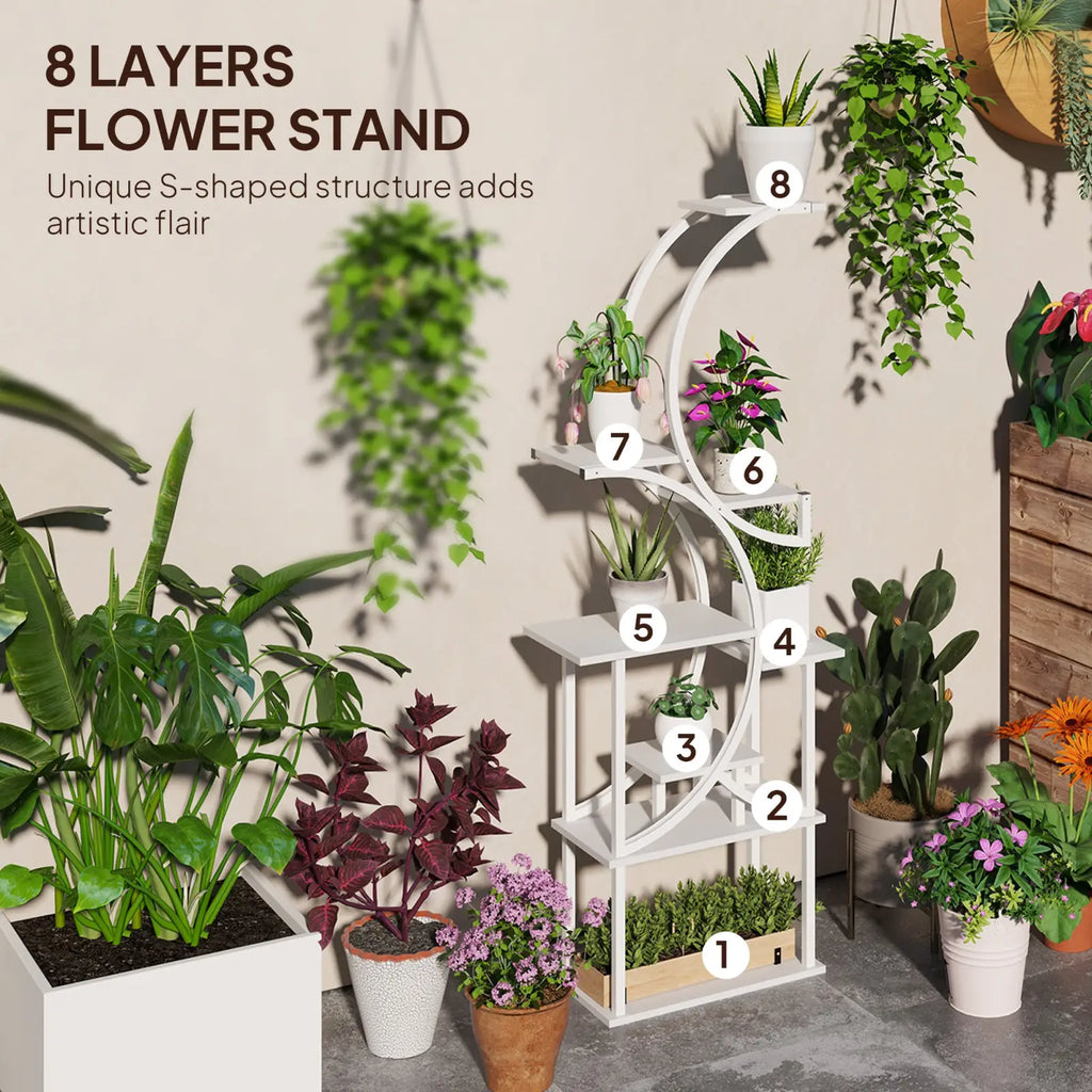 White s-shaped 8 tier indoor plant stand with modern metal frame and decorative curved design for corner use