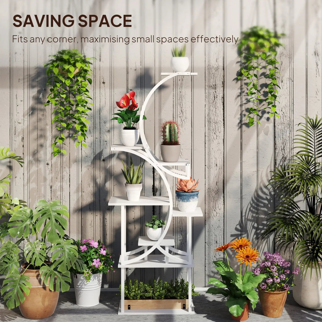 White metal 8 tier indoor plant stand with curved s shaped tiered shelves holding various potted plants