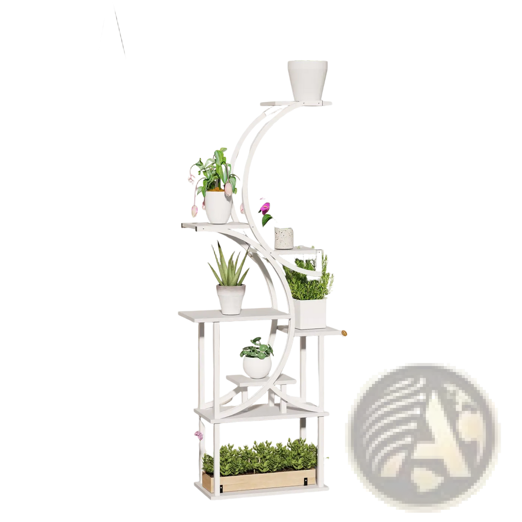 White curved metal 8 tier indoor plant stand with decorative arches s shaped corner rack