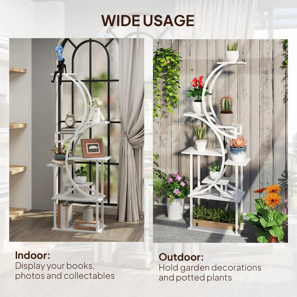 White metal 8 tier indoor plant stand with curved and geometric shelves in an s shaped corner rack design