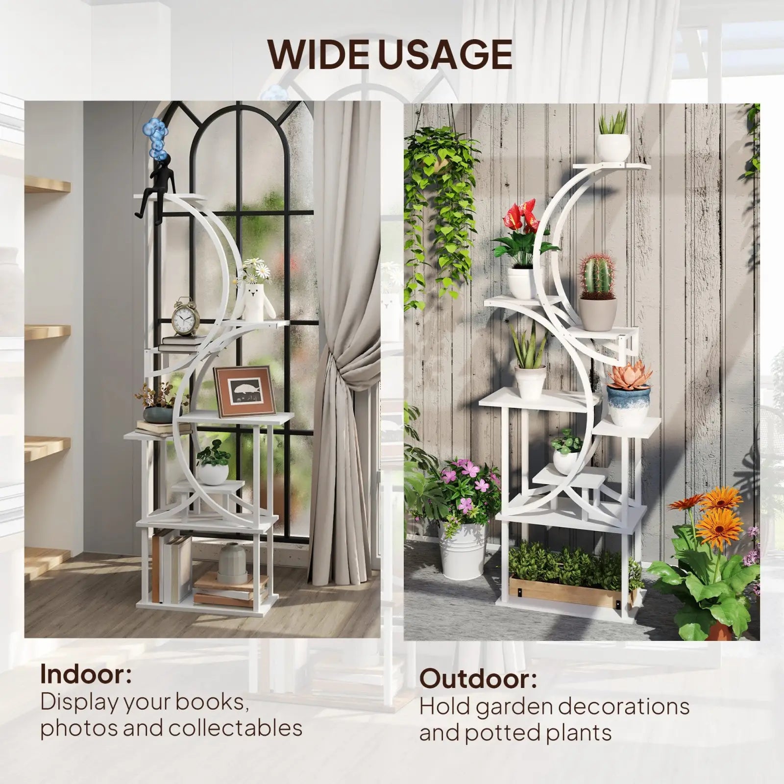 White metal 8 tier indoor plant stand with curved and geometric shelves in an s shaped corner rack design