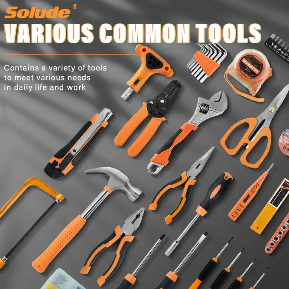 Professional 80 piece machine repair and maintenance tool set with orange and black handled solude brand tools
