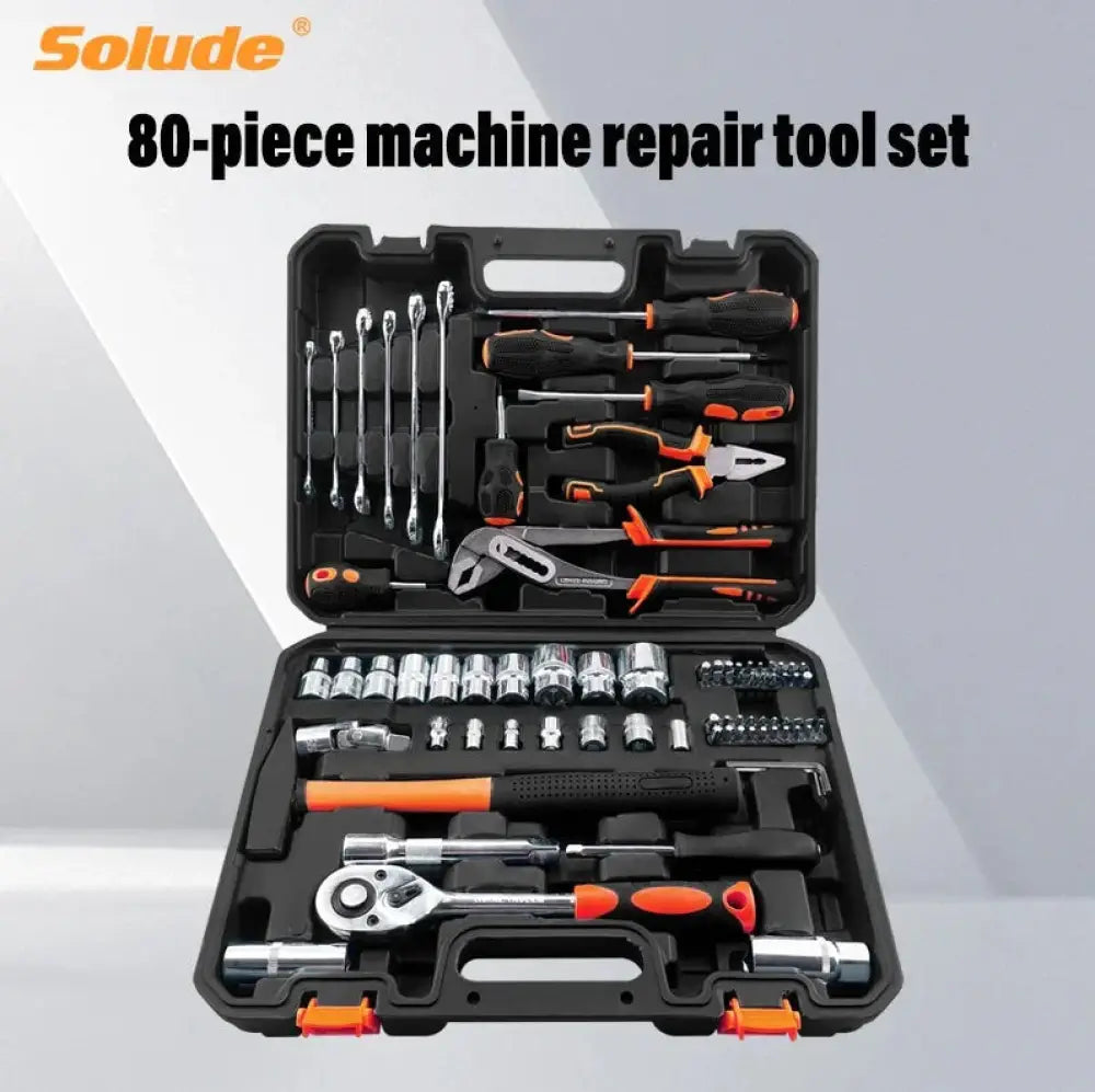 Professional 80 piece black and orange solude machine repair and maintenance tool set in molded plastic case