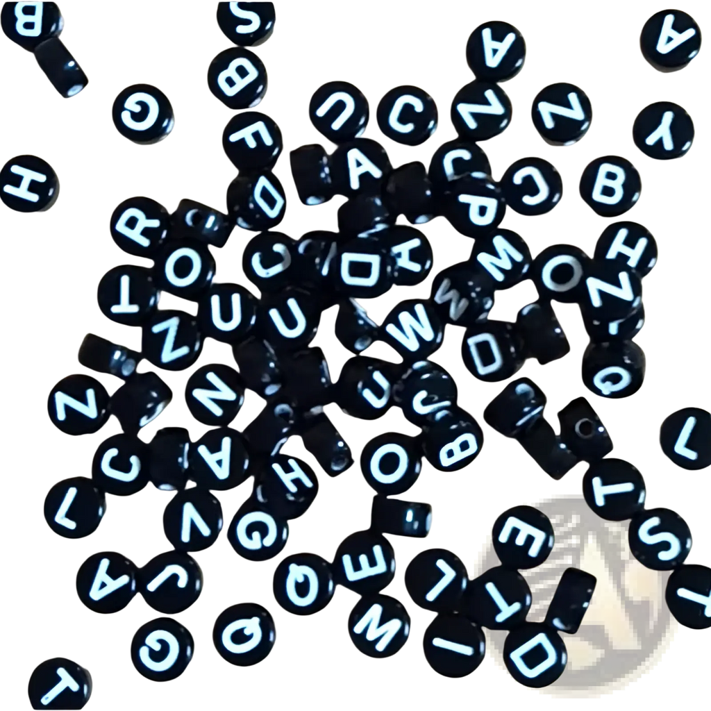 Black circular glossy acrylic alphabet beads with white uppercase letters from the 800 piece bead set