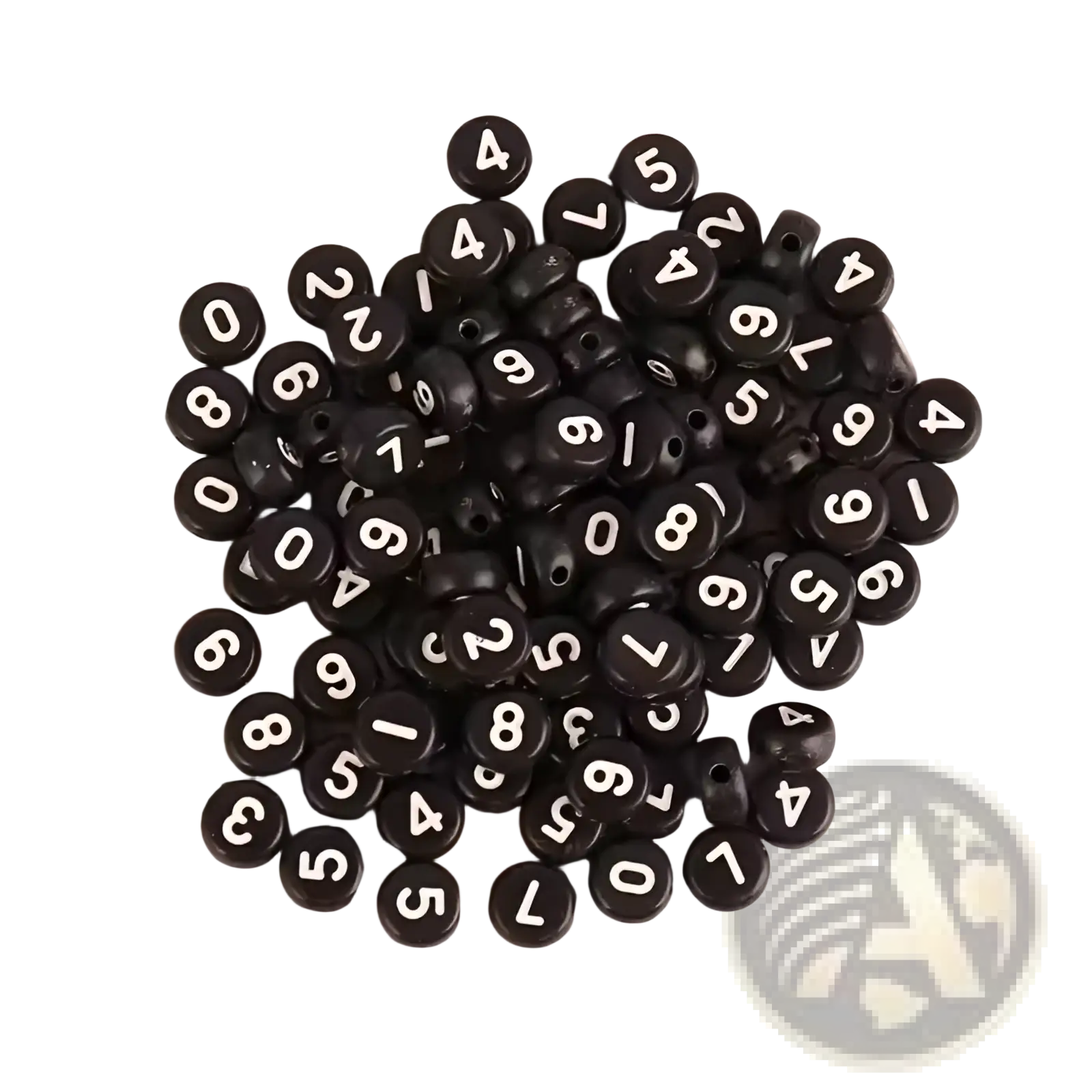 Black circular acrylic beads with white numerals from an 800 piece black acrylic alphabet and number bead set