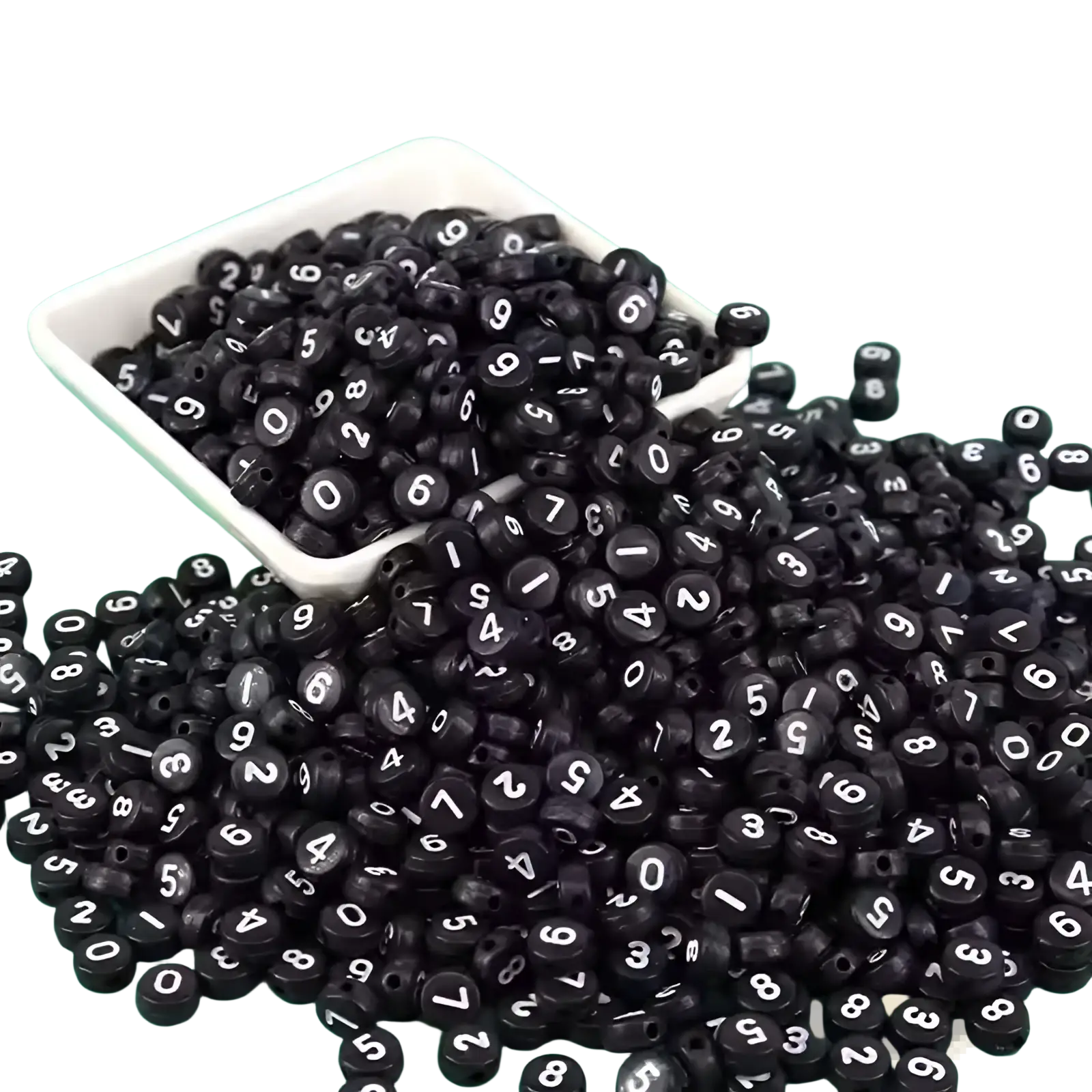 Black cylindrical acrylic beads with white numerals displayed in a white dish from 800 piece bead set