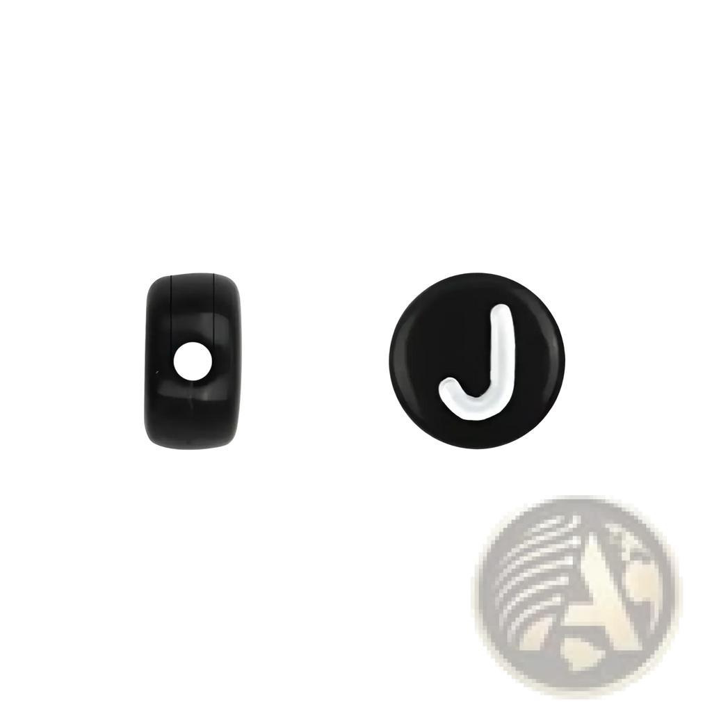 Black acrylic alphabet bead set showing black 7mm glass bead with white letter j and central hole for stringing
