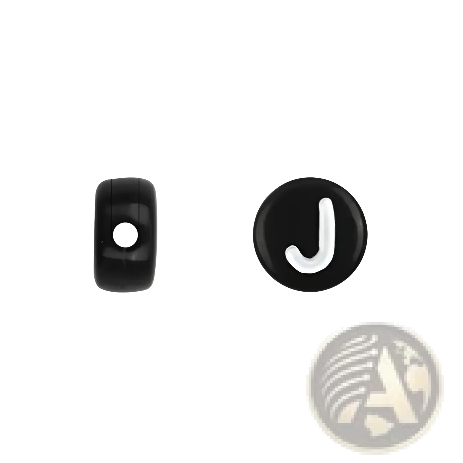 Black acrylic alphabet bead set showing black 7mm glass bead with white letter j and central hole for stringing