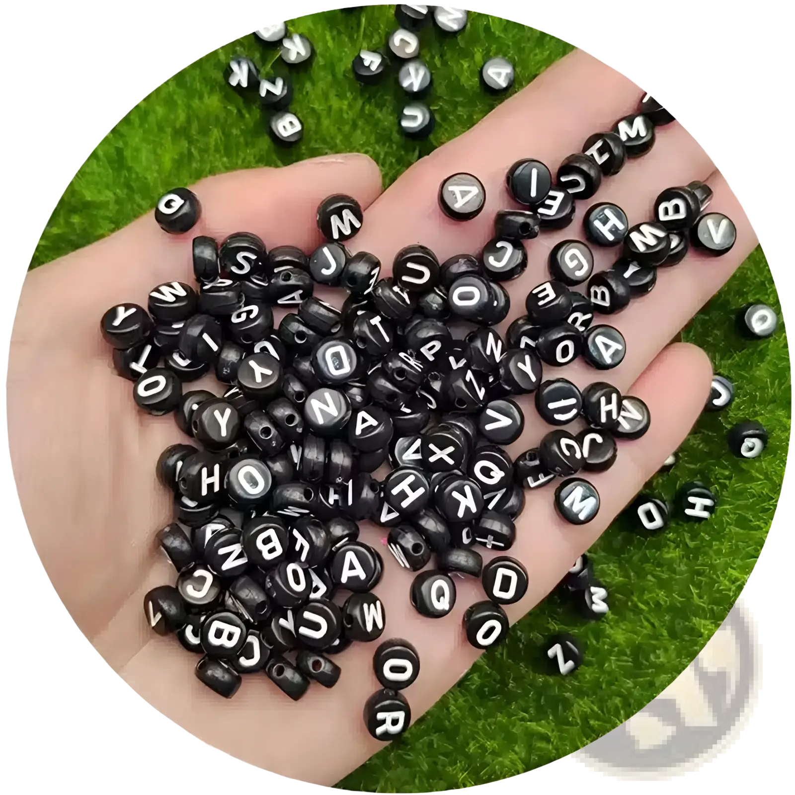 Black acrylic alphabet and number beads featuring smooth plastic finish white uppercase letters in uniform round shapes