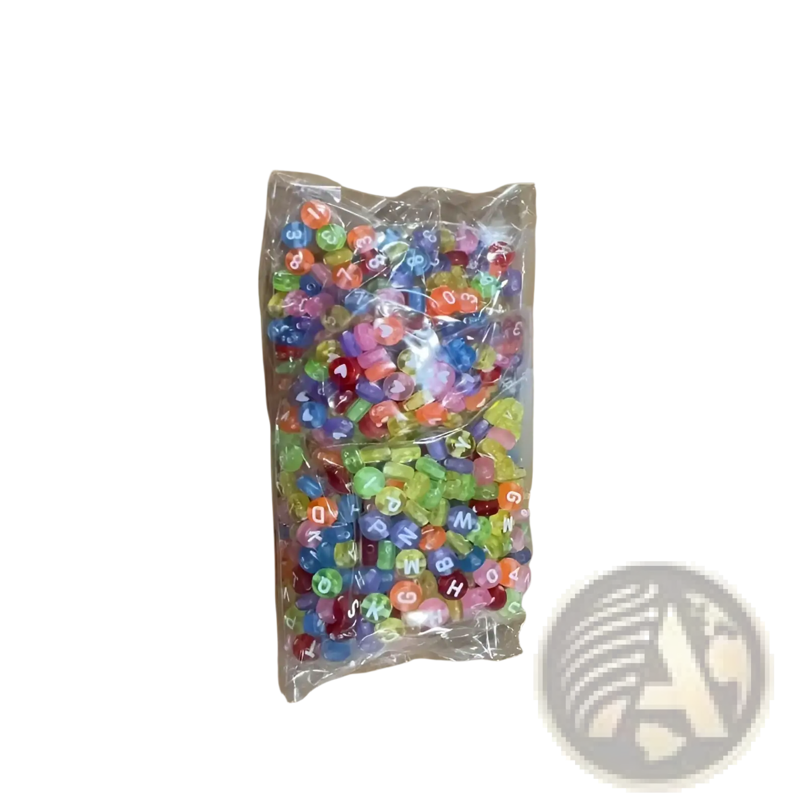 A clear plastic bag containing 800 piece mixed acrylic alphabet and number beads in red blue green and orange hues