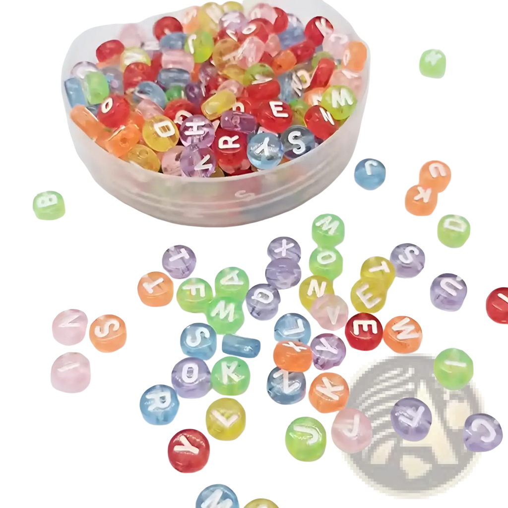 A clear plastic container of 800 piece mixed acrylic alphabet and number beads in colorful translucent hues including red green blue and purple