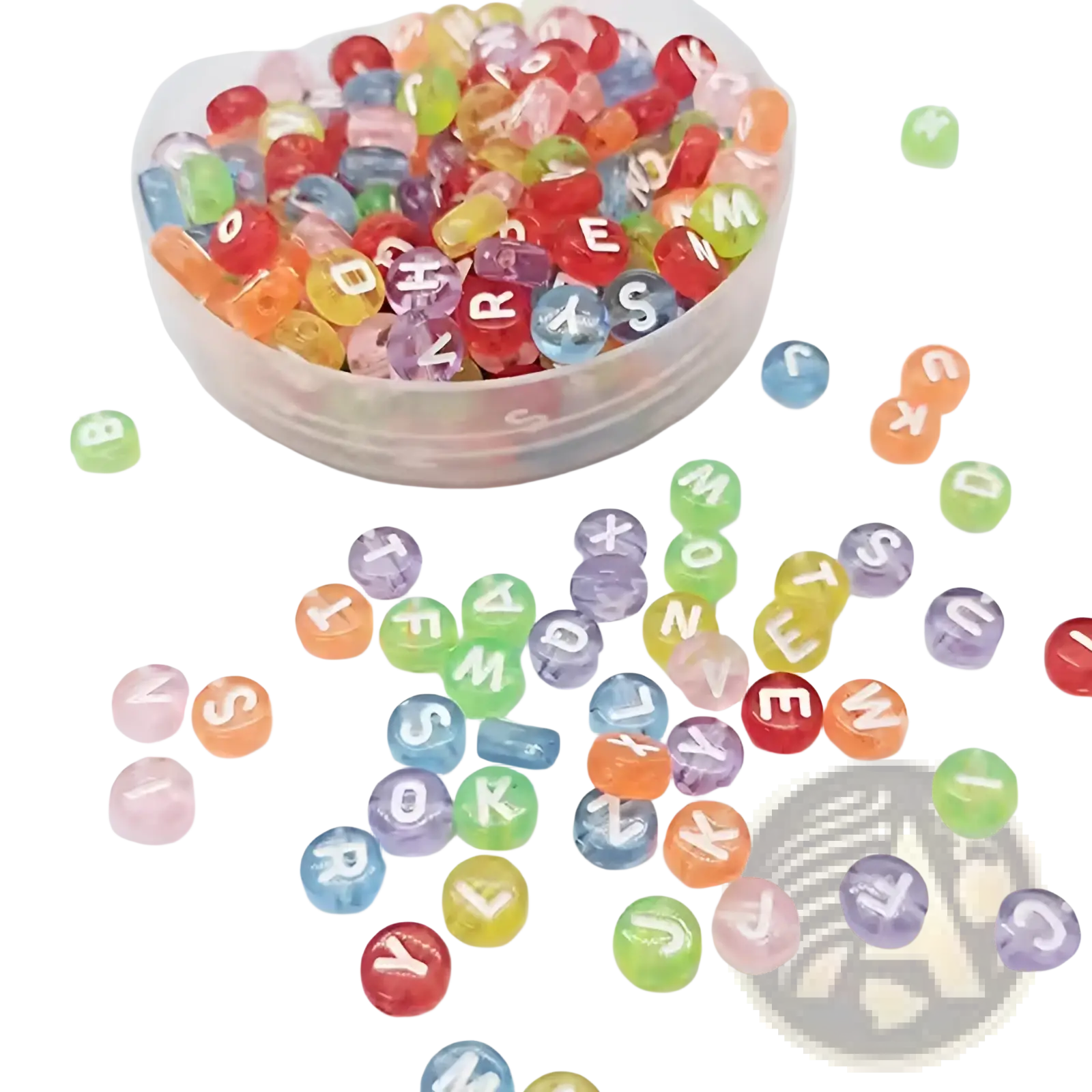 A clear plastic container of 800 piece mixed acrylic alphabet and number beads in colorful translucent hues including red green blue and purple