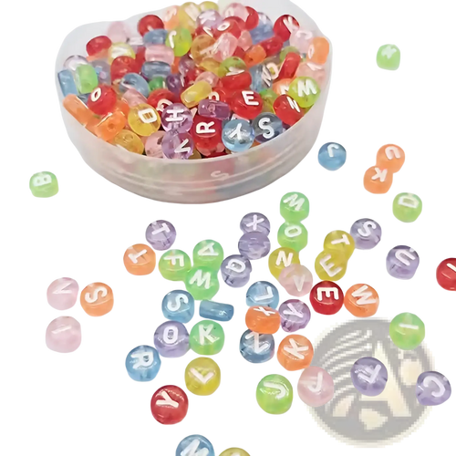A clear plastic container of 800 piece mixed acrylic alphabet and number beads in colorful translucent hues including red green blue and purple