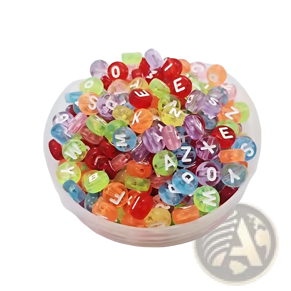 A vibrant assortment of translucent multicolored acrylic alphabet beads in red green blue orange and purple from an 800 piece set
