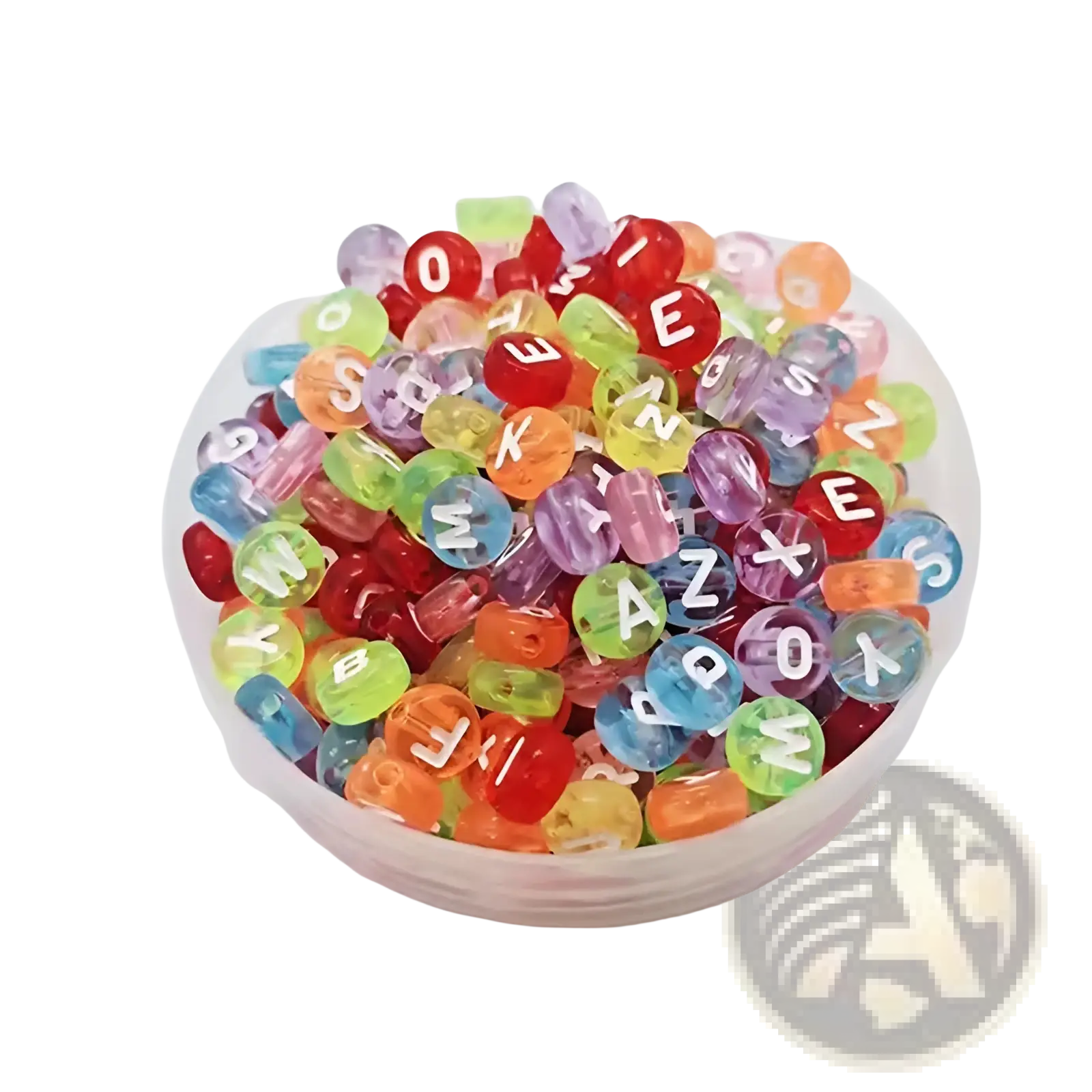 A vibrant assortment of translucent multicolored acrylic alphabet beads in red green blue orange and purple from an 800 piece set