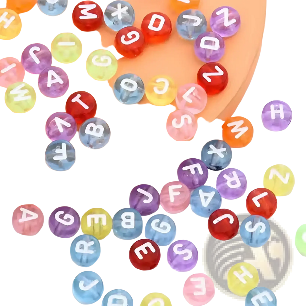 Colorful translucent acrylic alphabet beads in red blue purple and yellow with white uppercase letters 800 piece set