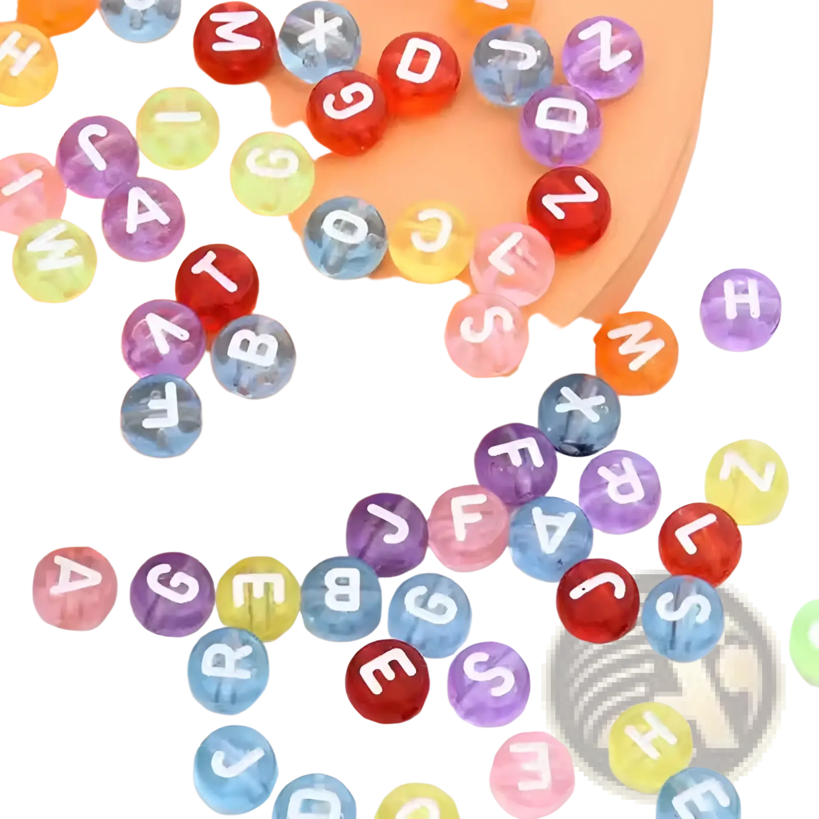 Colorful translucent acrylic alphabet beads in red blue purple and yellow with white uppercase letters 800 piece set