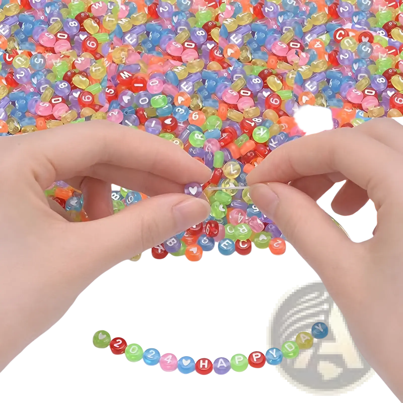 A pair of hands threading colorful translucent acrylic alphabet and number beads from an 800 piece mixed set