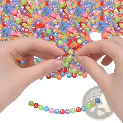 A pair of hands threading colorful translucent acrylic alphabet and number beads from an 800 piece mixed set