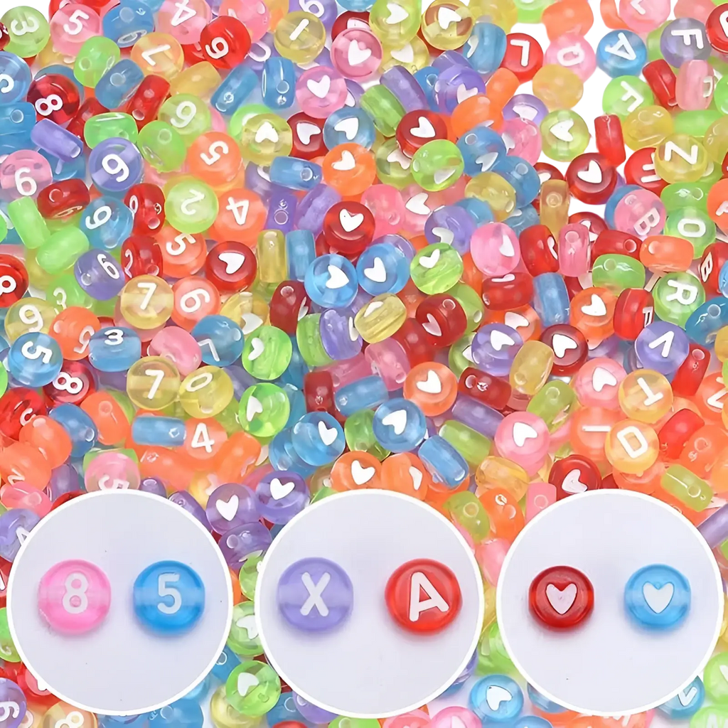 A vibrant assortment of multicolored translucent acrylic beads engraved with numbers and heart symbols in an 800 piece set