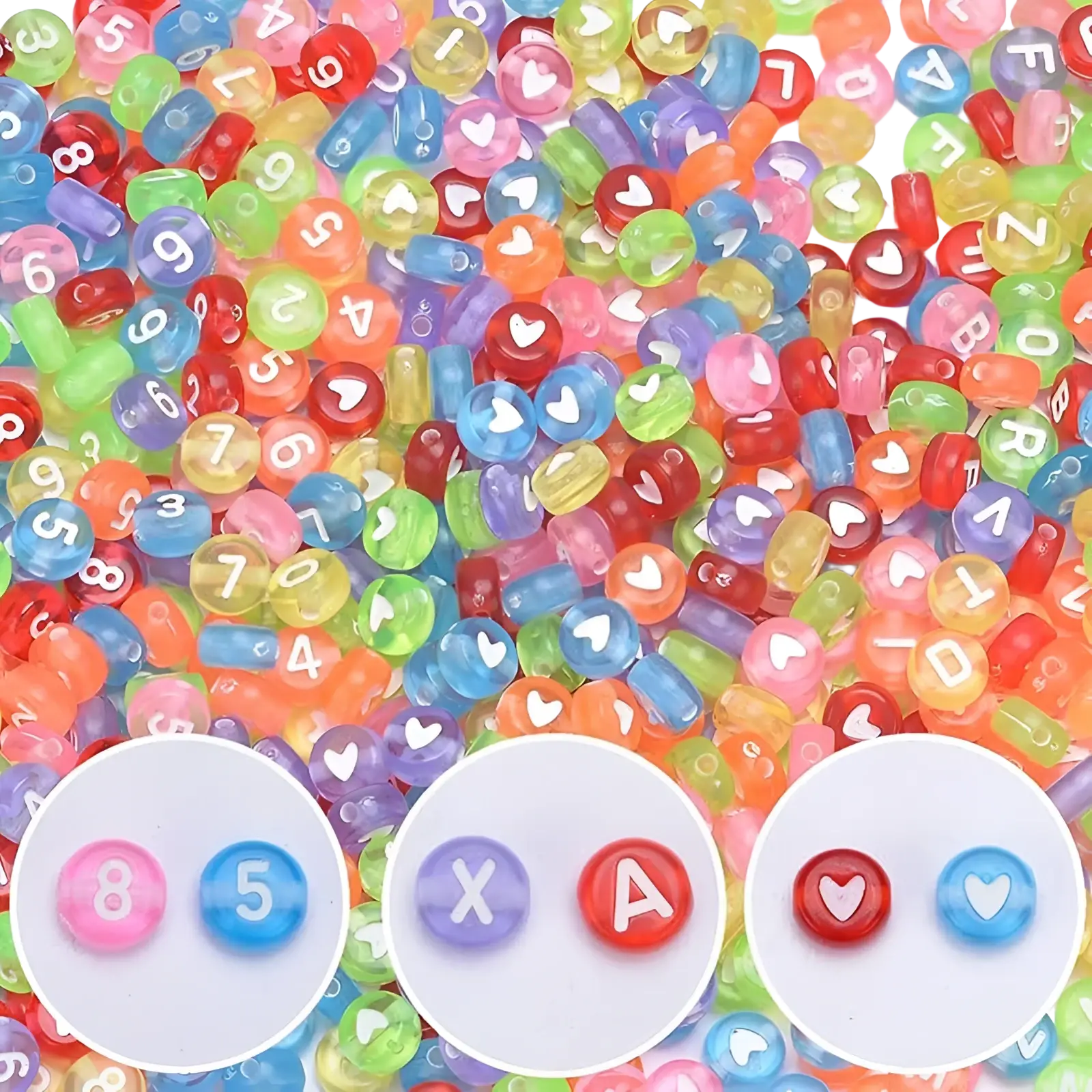 A vibrant assortment of multicolored translucent acrylic beads engraved with numbers and heart symbols in an 800 piece set