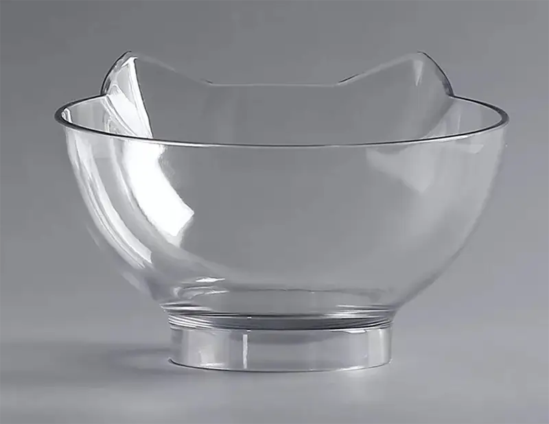 Clear glass orthopedic cat ear pet bowl with a slanted neck design and a sturdy base for neck protection.