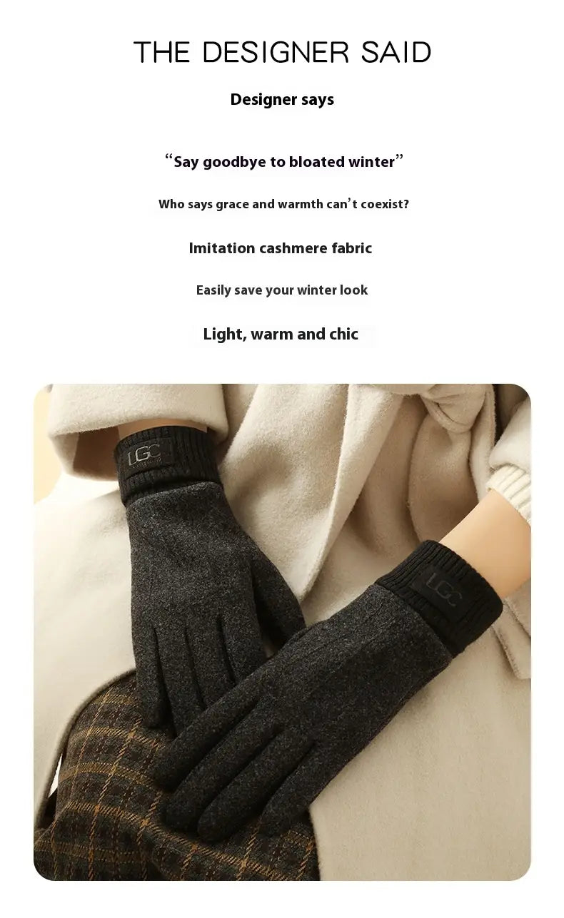 Dunkelgraue Imitat-Kaschmir-Touchscreen-Winterhandschuhe für Damen mit schwarzen gerippten Bündchen und dezent sichtbarem LG-Logo auf der Rückseite.