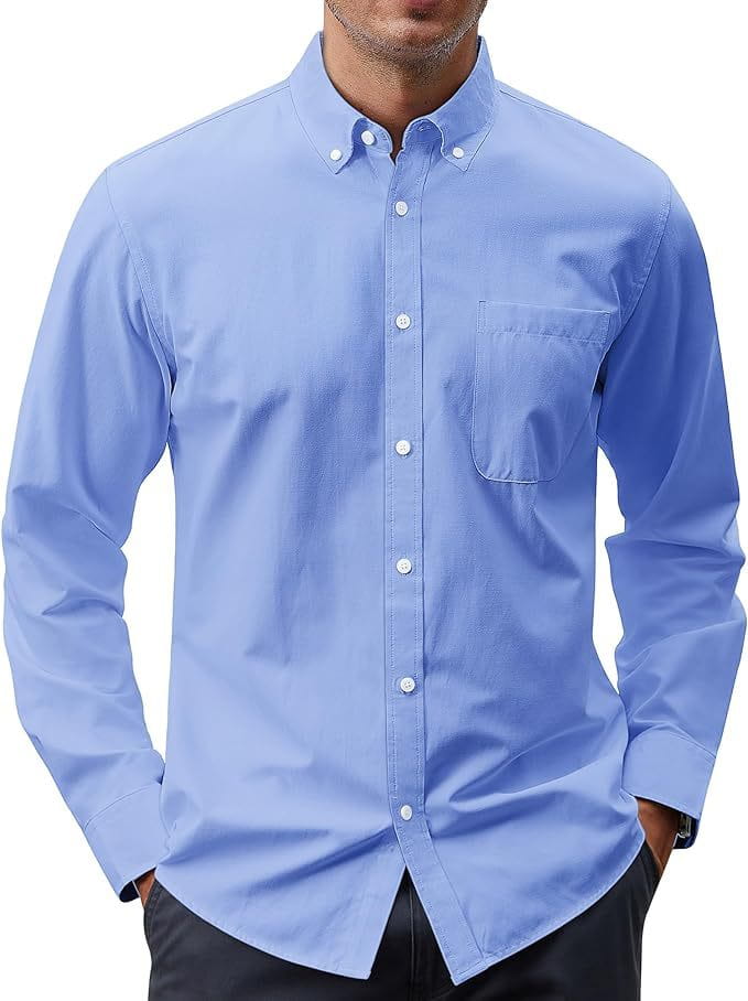 Men’s long sleeve oxford button down shirt in light blue with a chest pocket and white buttons.